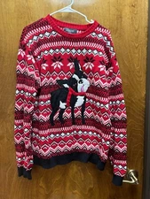 Men " "33 Degrees" red/blk/ white Boston Terrier design, sweater. Size L. Prev.