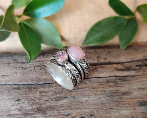 Rose Quartz & Pink Opal Gemstone Ring 925 Sterling Silver Gift For Women MK* - Picture 5 of 6
