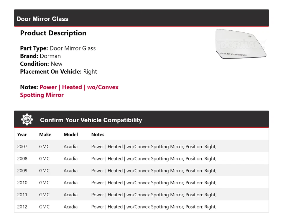 For 2007-2012 GMC Acadia Dorman Door Mirror Glass Right 2008 2009 2010 2011 - Image 2 of 4