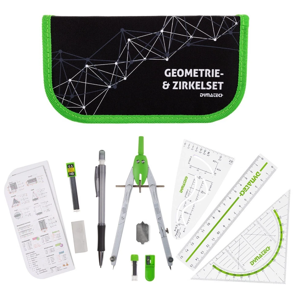 DynaTech Geometrie- und Zirkel-Set (12-teilig) Reißverschluss- Etui grün