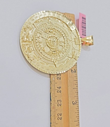 SOLID Real 14kt Yellow Gold Pendant Aztec Mayan Calendar 3.2" Men's Round Charm. - Picture 3 of 8
