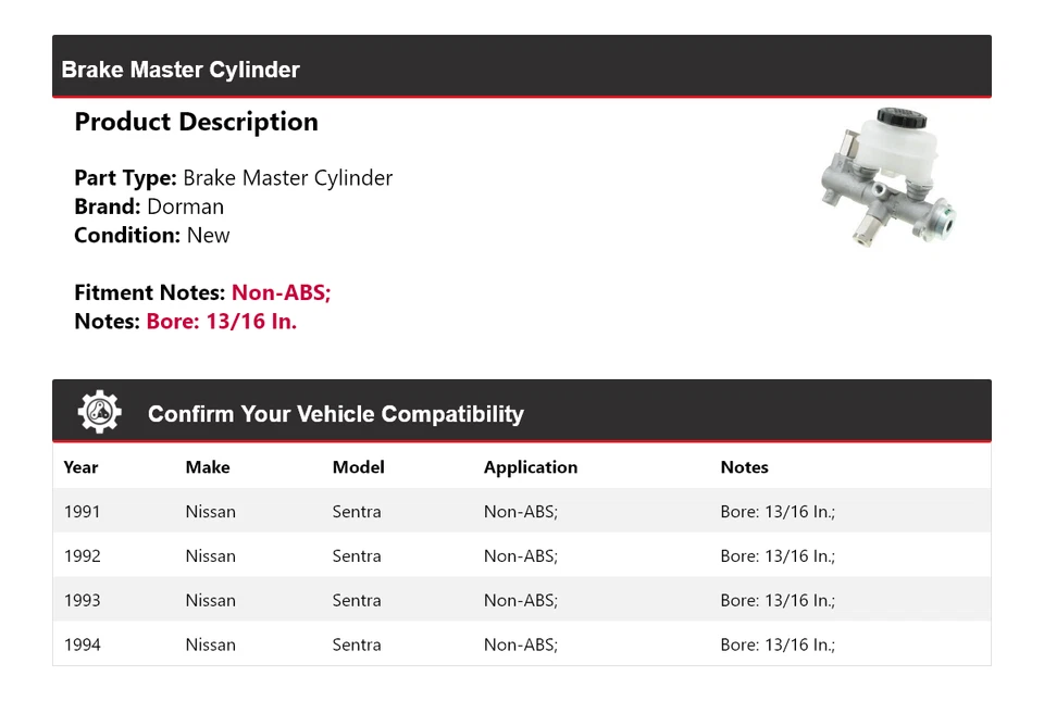 Cilindro maestro de freno para Nissan Sentra Dorman 1991-1994 1992 1993 Foto 2 de 4