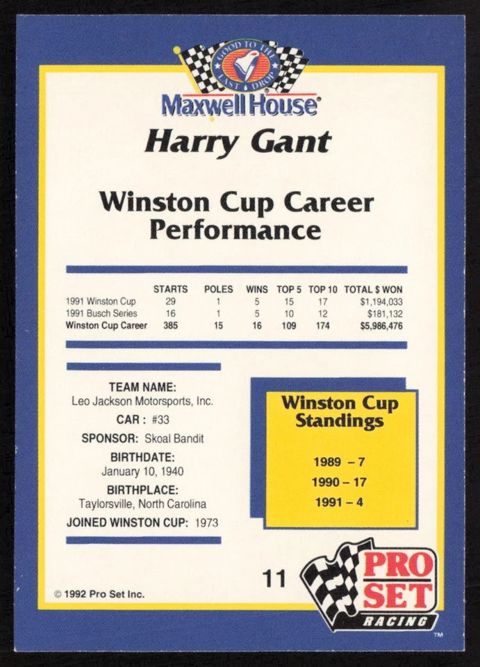 1992 Pro Set Maxwell House Harry Gant #11 Leo Jackson Motorsports - Image 2 of 2