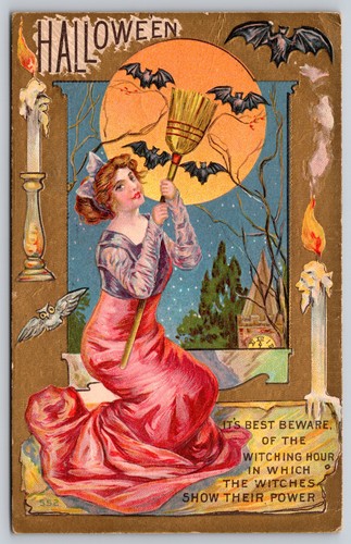 Postcard Halloween Witching Hour Power 552 Embossed Red Dress Moon Bats Owl