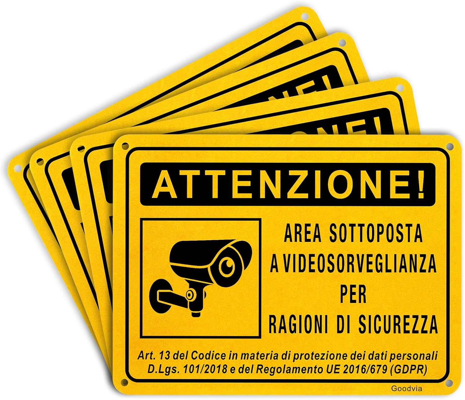 Targa Area Videosorvegliata Metallo Alluminio 15x20cm GDPR 4 Pezzi