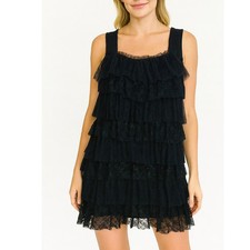 LOGIX tiered ruffle blouse sleeveless lace top black square neck tunic Plus 1XL
