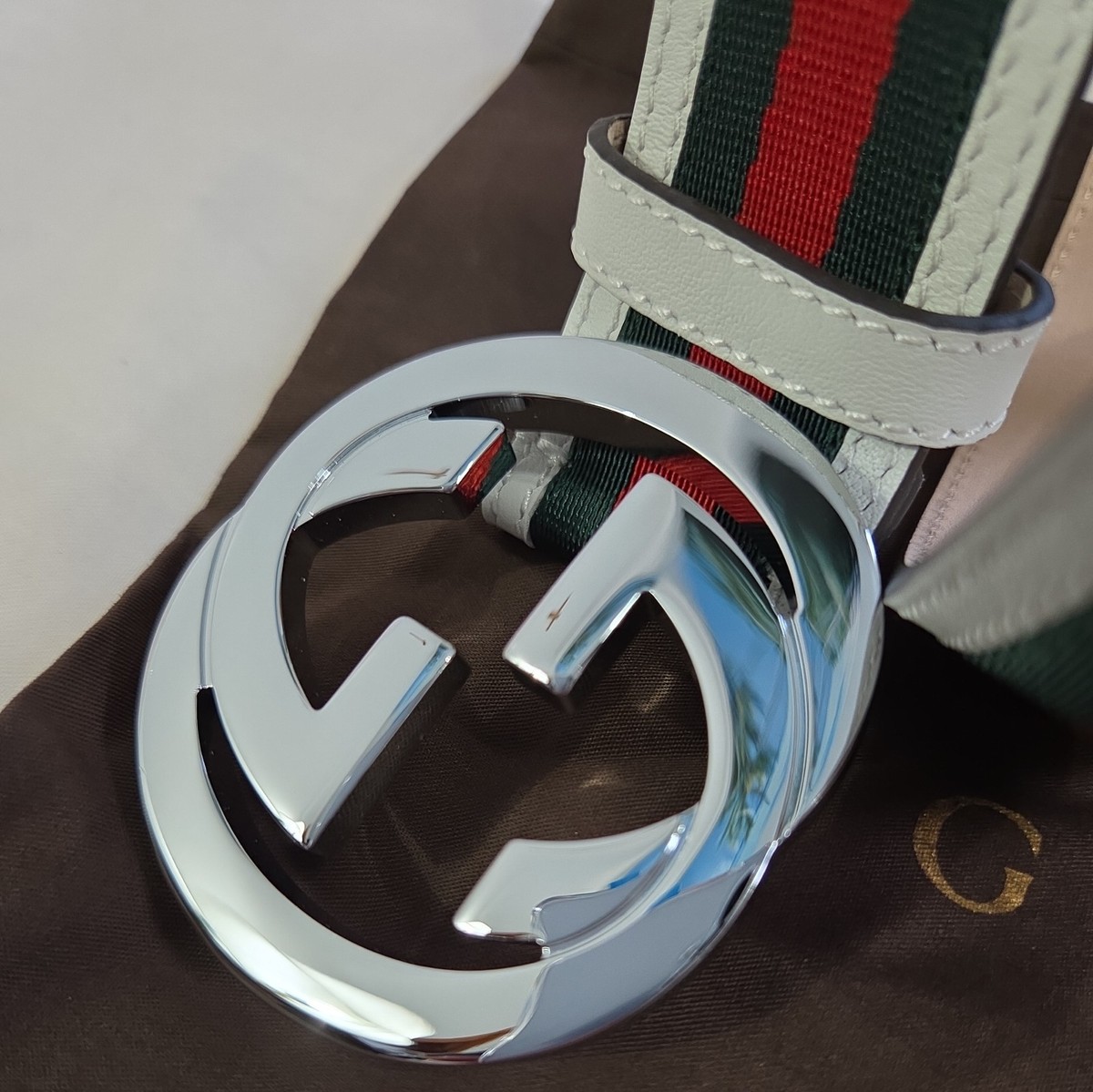 Authentic Gucci White Green And Red Striped Belt, Men Size 34-36