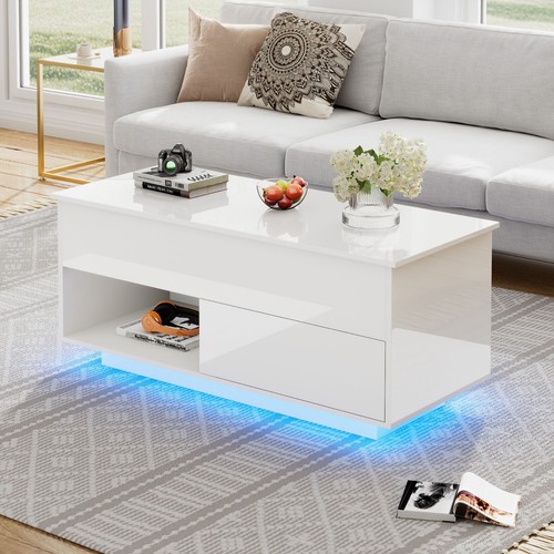 Couchtisch höhenverstellbarer Wohnzimmertisch mit LED Beleuchtung Hochglanz Weiß - Bild 10 von 18