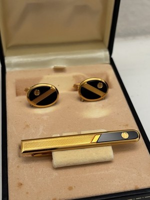 Dunhill Vintage Oval Cufflinks Tie Clasp Clip Bar Set Black Onyx Gold Logo Box