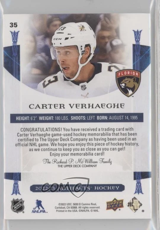 2022-23 Upper Deck Artifacts Purple Material Relics /25 Carter Verhaeghe #35 - Image 2 of 2