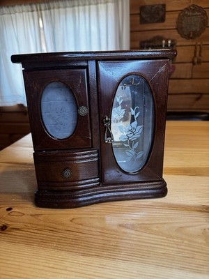 Small Wood Jewelry Box W/Glass Doors Gray Interior