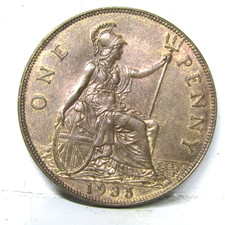 1935 One Penny Coin George V British - Excellent Grade With Lustre #324