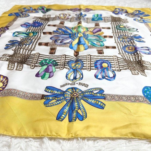 HERMES Carre 90 Yellow Horse Ribbon Decoration Silk 100% from JP F/S - Picture 2 of 8