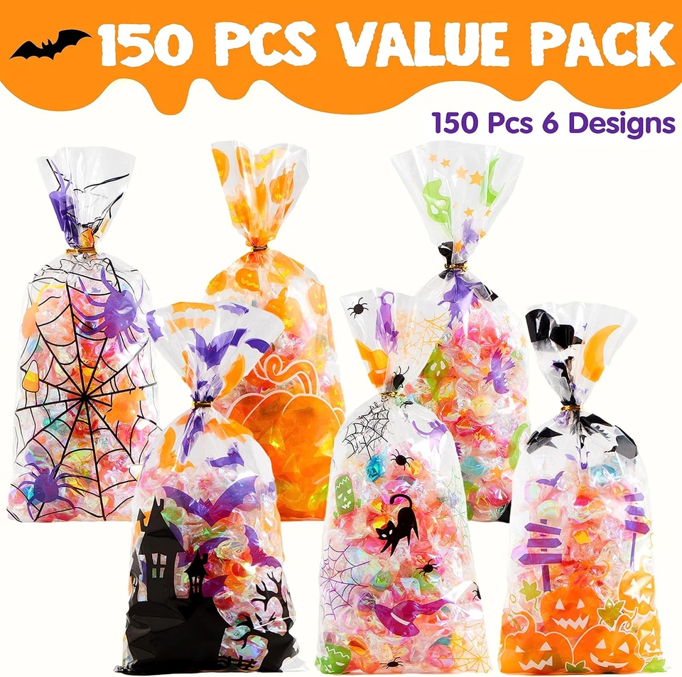 150 PCS Halloween Cellophane Candy Bags, Clear Treat Bags with Twist Ties, Hallo - Image 2 of 4