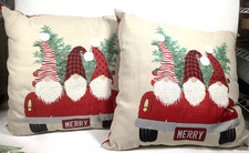 2 Gnome  Merry  Christmas Pillows 20  x20  x7  Whimsical soft tan jacquard/plaid