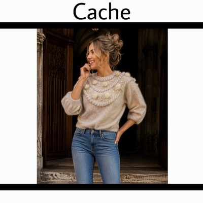 Vintage CACHE Pullover Sweater 80% Rabbit Angora Pearl Pom Pom Embellishment M
