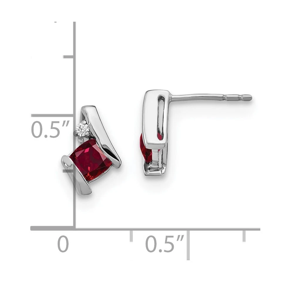 14k White Gold 4mm Cushion Lab Created Ruby and Diamond July Stud Earrings - Image 4 of 4