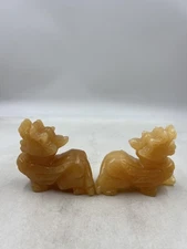 Vintage Jade Pi Yao Guardian Lion Pair Carved Stone Statues Feng Shui Decor