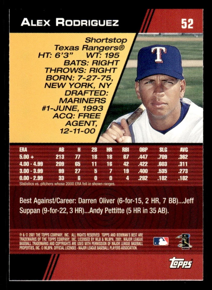 2001 BOWMAN'S BEST ALEX RODRIGUEZ 52 MINT BASEBALL TEXAS RANGERS - Image 2 of 2