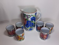 Rare Antique Service 6 Glasses + Carafe GALVANI Italy Handmade Flowers Vintage