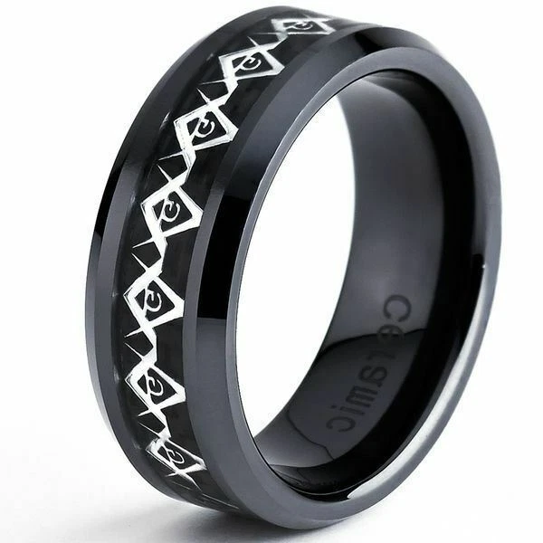 Anillo de boda con incrustación de fibra de carbono símbolo masónico de cerámica de 8 mm para hombre Foto 2 de 4
