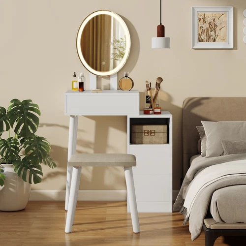 Makeup Vanity Desk w/ Mirror and LED Lights Stool Set 3-Storage Drawers & Shelf - Picture 1 of 12