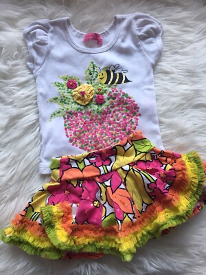 2pc Set Top With Bee/ 3D Flowers/ Matching Skort With Sequins Size 2T Havengirl 