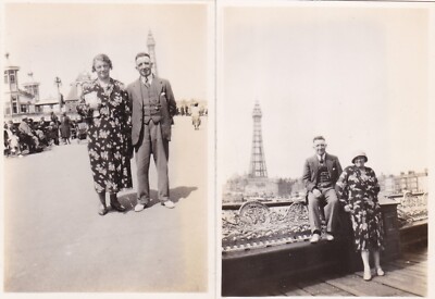 Two Beautiful Vintage c1930s Photographs Couple Blackpool Tower Seaside