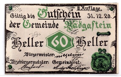 1920 Austria Badgastein Notgeld 60 Heller Note (NG1362)