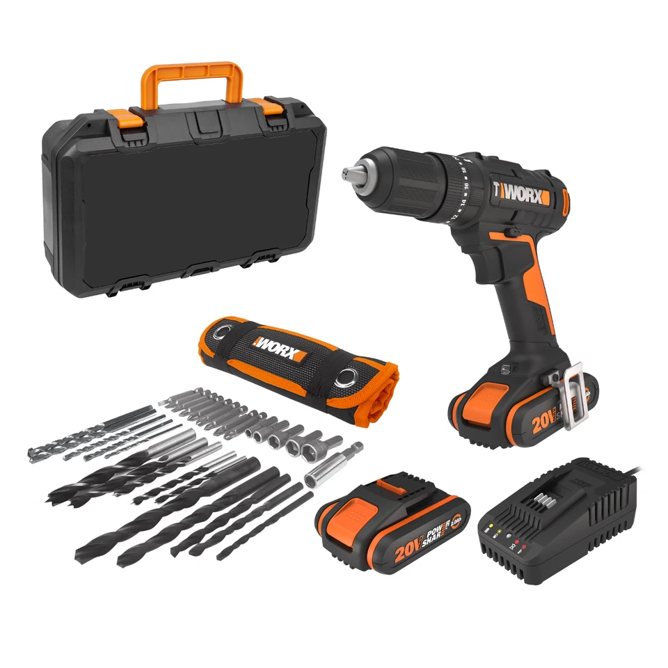 WORX Powershare Cordless Hammer Drill 20V 50Nm x2 2.0Ah 30pc Drill Bit WX370