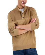 Club Room Mock Neck 3-Button 100 Cotton Pullover Mens Sweater, Brown, 2XL