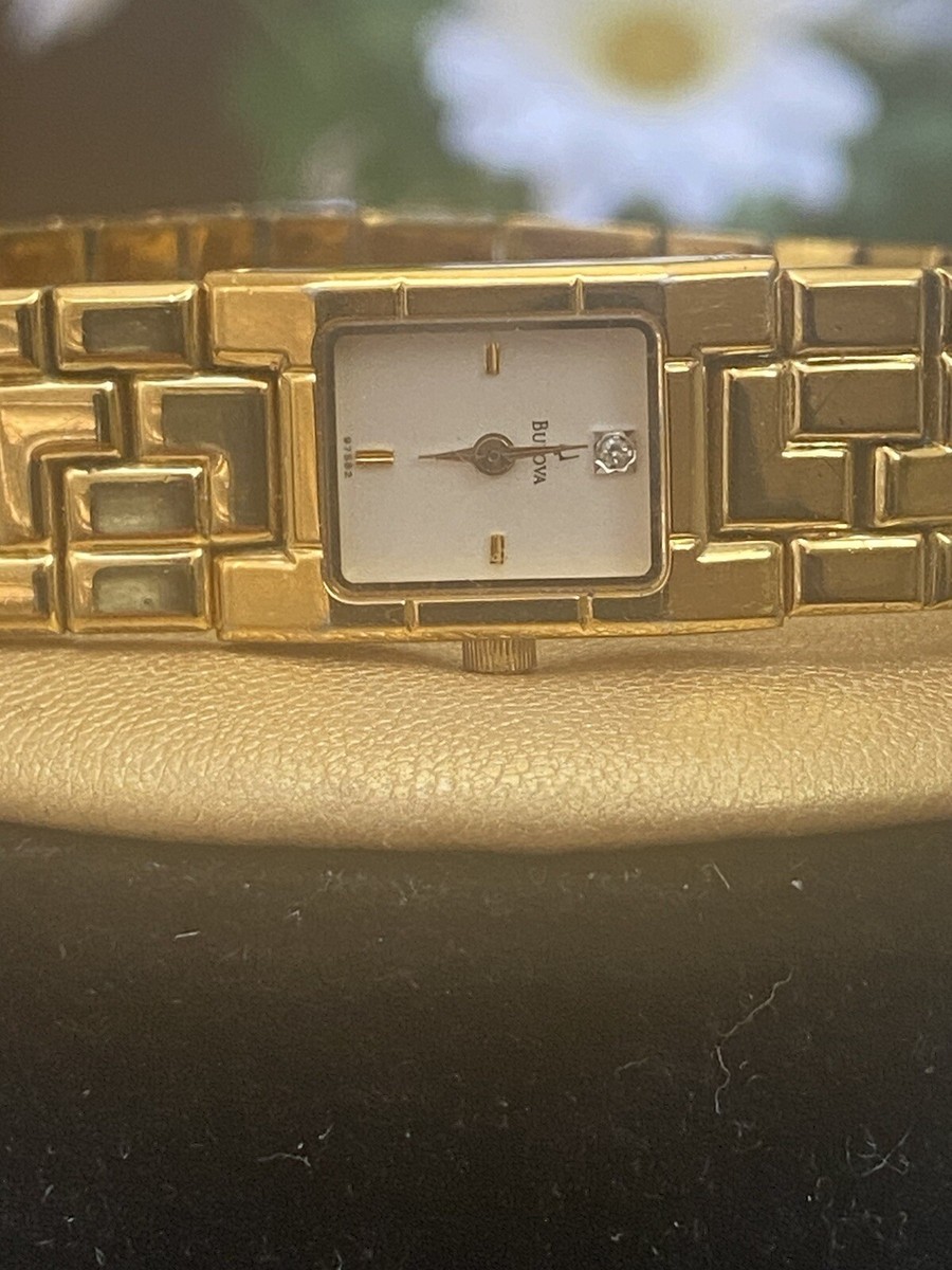Bulova Diamond Womens Gold Tone Bracelet Rectangular Quartz Analog
