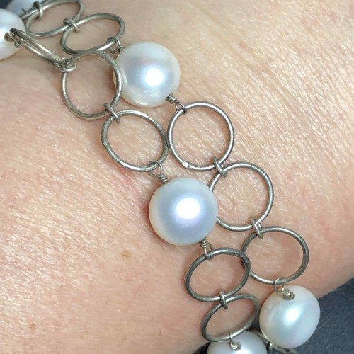 5279 Sterling silver signed PS 925 2-strand pearl toggle bracelet 16.2gr 7.5" - Picture 2 of 2
