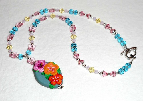 **BUTTERFLY GARDEN** Artisan Polymer Clay Floral Focal Crystal 17" Necklace - Picture 2 of 4