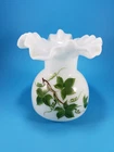 Vintage Consolidated USA Hand Painted 5 1/2" Raffled Edge Vase Ivy on Milk Glass