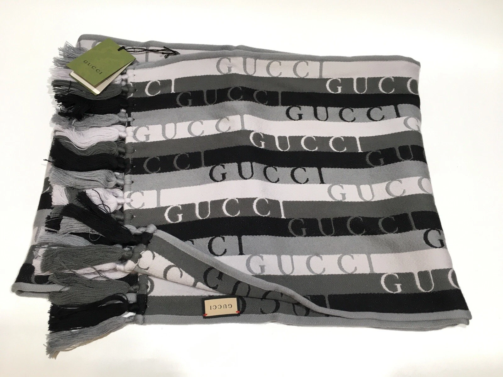 ÉCHARPE LONGUE RAYÉE LAINE GUCCI AUTHENTIQUE   GRIS / NOIR   NEUF AVEC ÉTIQUETTES