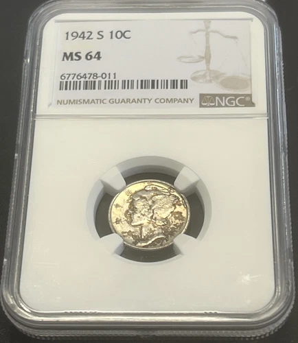 1942-S MERCURY SILVER DIME NGC MS-64 TONED ACTUAL COIN #H433