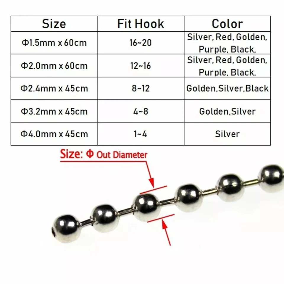 Cadena de cuentas de metal para atar moscas de 45/60 cm colorida cadena de mancuernas de cobre ojos 1,2-4,5 mm Foto 2 de 4