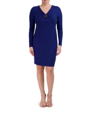 BCBG Paris Women's Ruched O-Ring Dress with Long Sleeves Size XS ( 0-2 ) Blue 