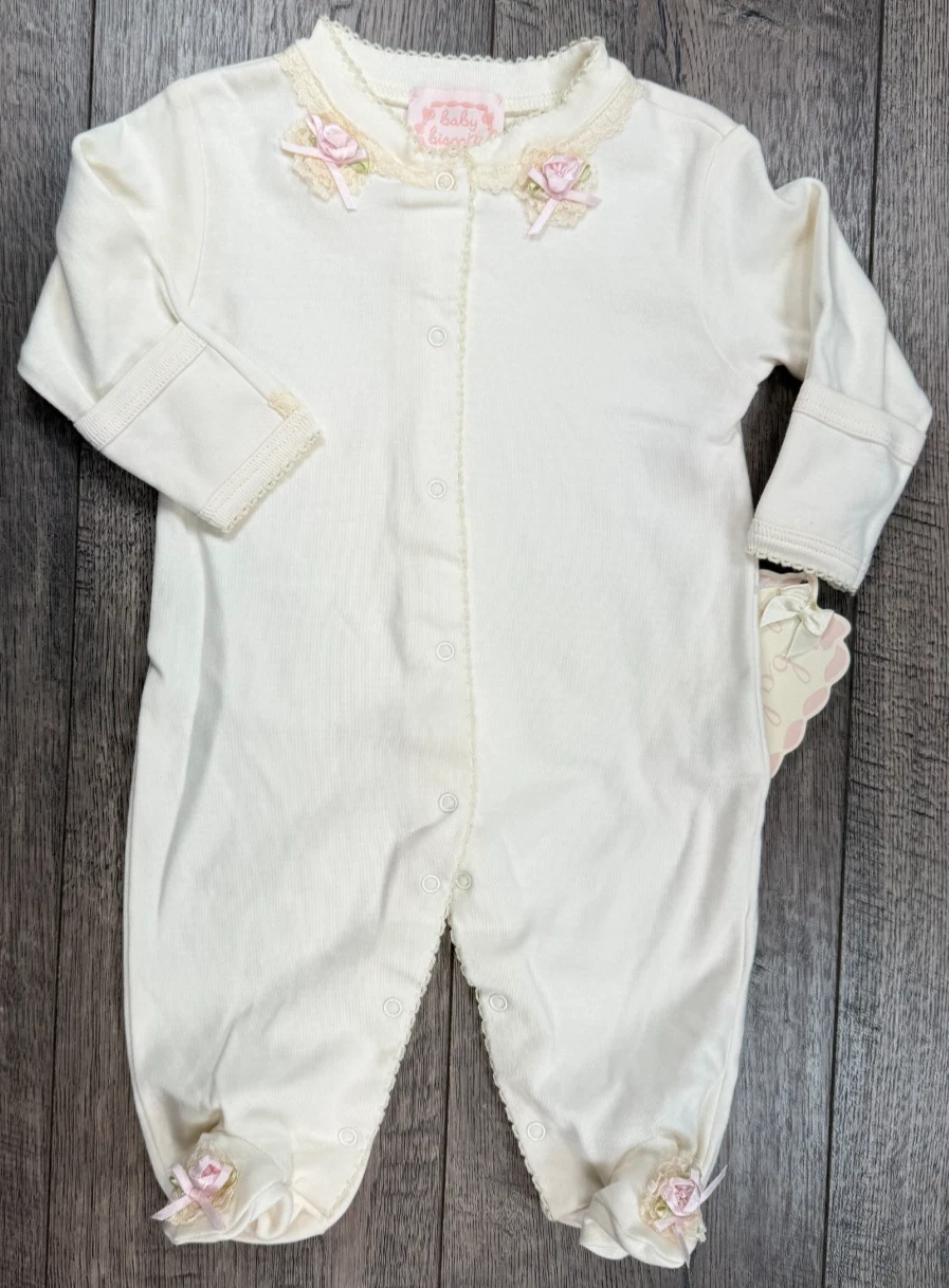 Baby Girl Clothes New Baby Biscotti Newborn to 8lbs Cream Rose Footed Outfit