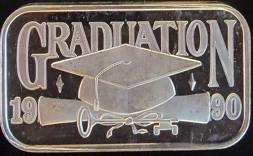 1990 Graduation Diploma Engravable Tassel Rare Bullion-0.999 Silver 1 Oz Art Bar