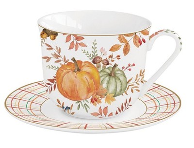 Tasse mit Untertasse HARVEST Herbst mit Kürbis für 370ml Porzellan Easy Life