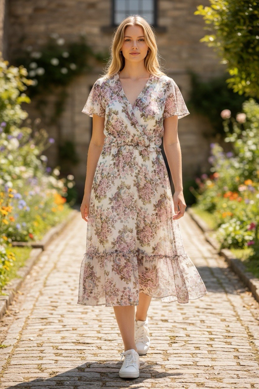 LC Lauren Conrad White Pink Floral Short Sleeve Midi Dress Size Medium