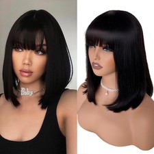 Bob Wig Human Hair Glueless Wig with Bangs Hu...