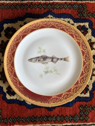 Limoges France Dartigeas Fisch Servierplatte und Teller Burgund und Gold Teller - Bild 5 von 17