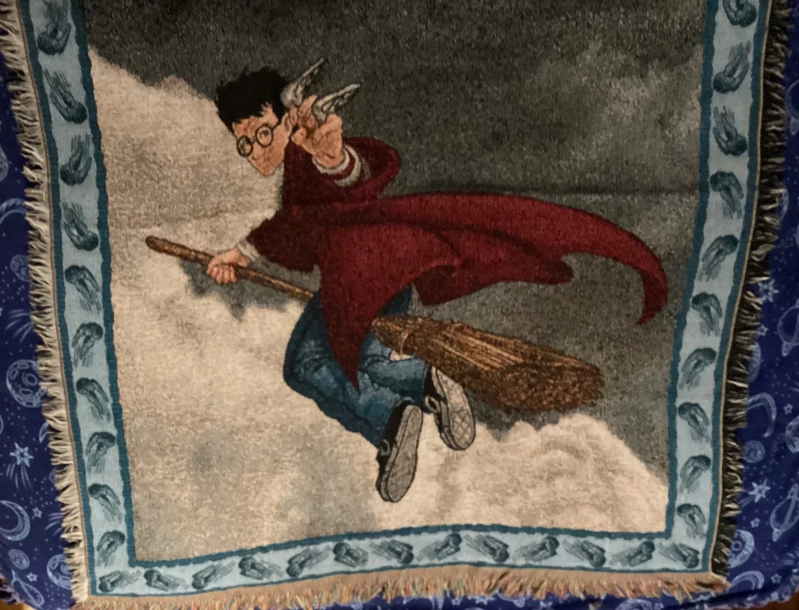 Vintage Harry Potter Throw Blanket Quidditch Hand Woven Fringed Warner Bros 2000