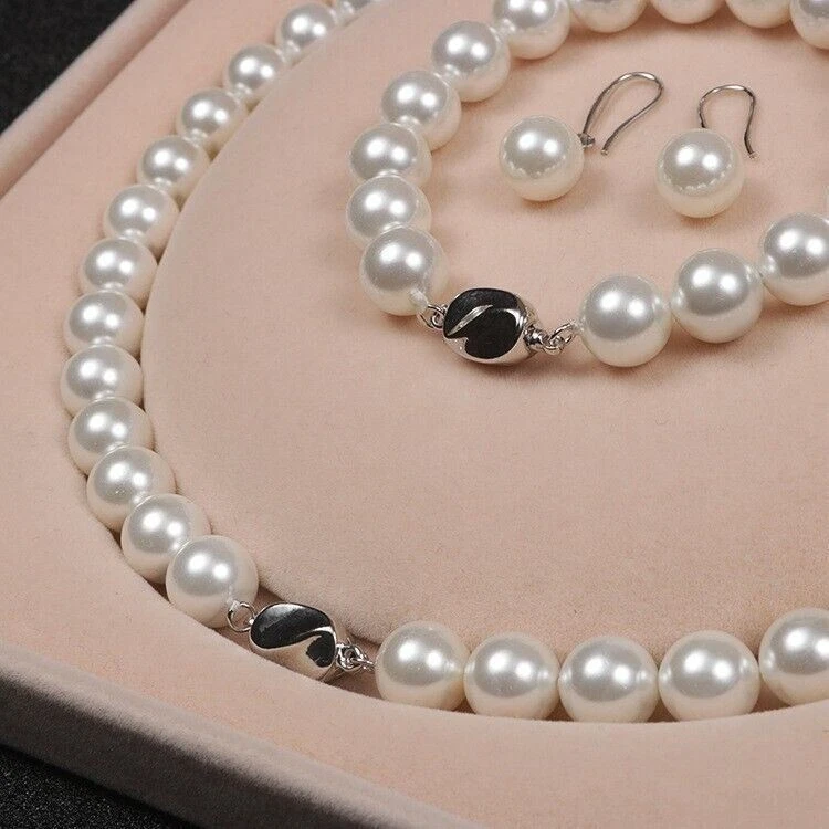 Schmuckset weiß Perlenkette Armband Ohrringe Collier Muschelkernperlen Geschenk - Bild 3 von 4