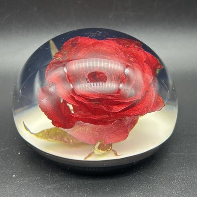 Vintage Tarax Infinity Clear Lucite Red Rose Flower Paperweight 3'' 