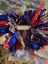 Cheer Pompoms Small Red Silver Blue 4 Pieces 2 Pair. New In Package