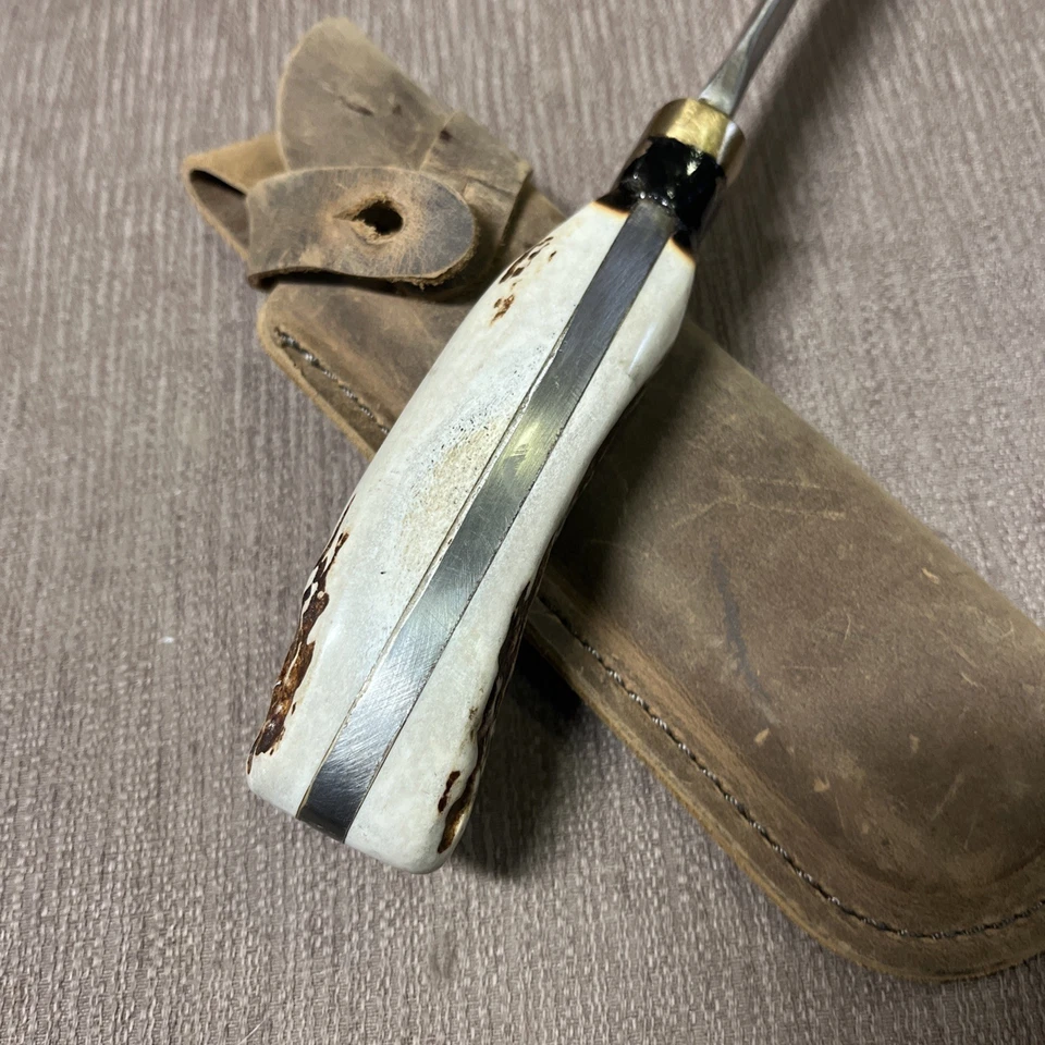 Cuchillo de archivo vintage, sin marca, EE. UU., hecho a mano, pesado, ciervo, original Funda Foto 3 de 4